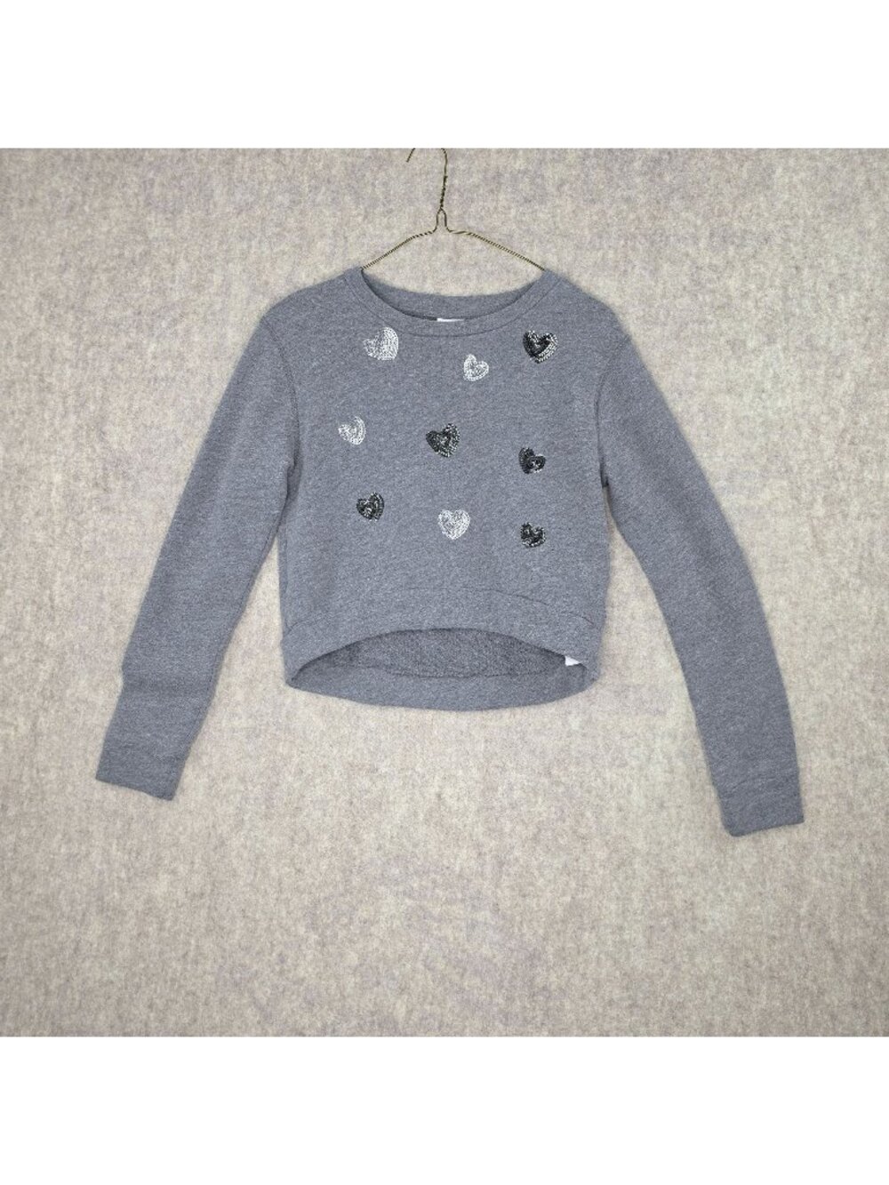 Abercrombie Kids Girls Sweatshirt Gray Sequin Hearts Crewneck Casual L